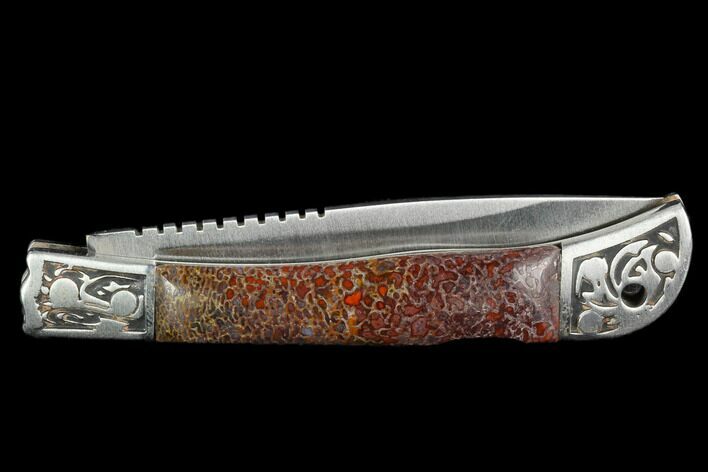 Pocketknife With Fossil Dinosaur Bone (Gembone) Inlays #125245